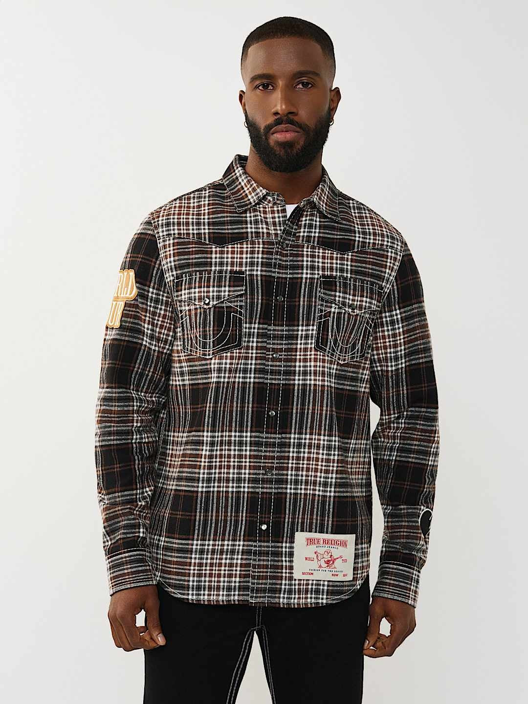 TRUE RELIGION SHIRT PLAID BIG T WESTERN BROWN-BLACK-WHITE