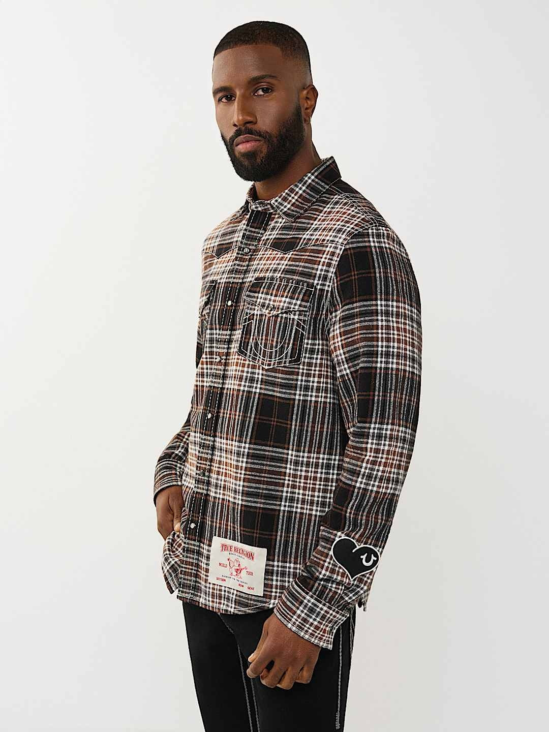 TRUE RELIGION SHIRT PLAID BIG T WESTERN BROWN-BLACK-WHITE