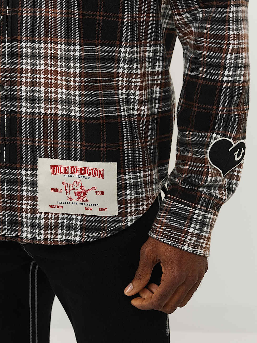 TRUE RELIGION SHIRT PLAID BIG T WESTERN BROWN-BLACK-WHITE