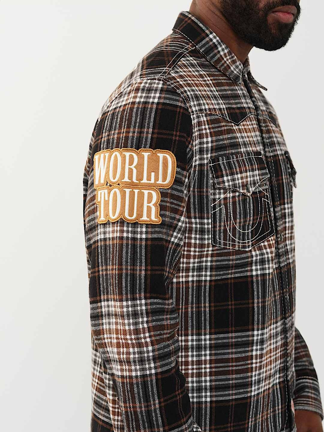 TRUE RELIGION SHIRT PLAID BIG T WESTERN BROWN-BLACK-WHITE