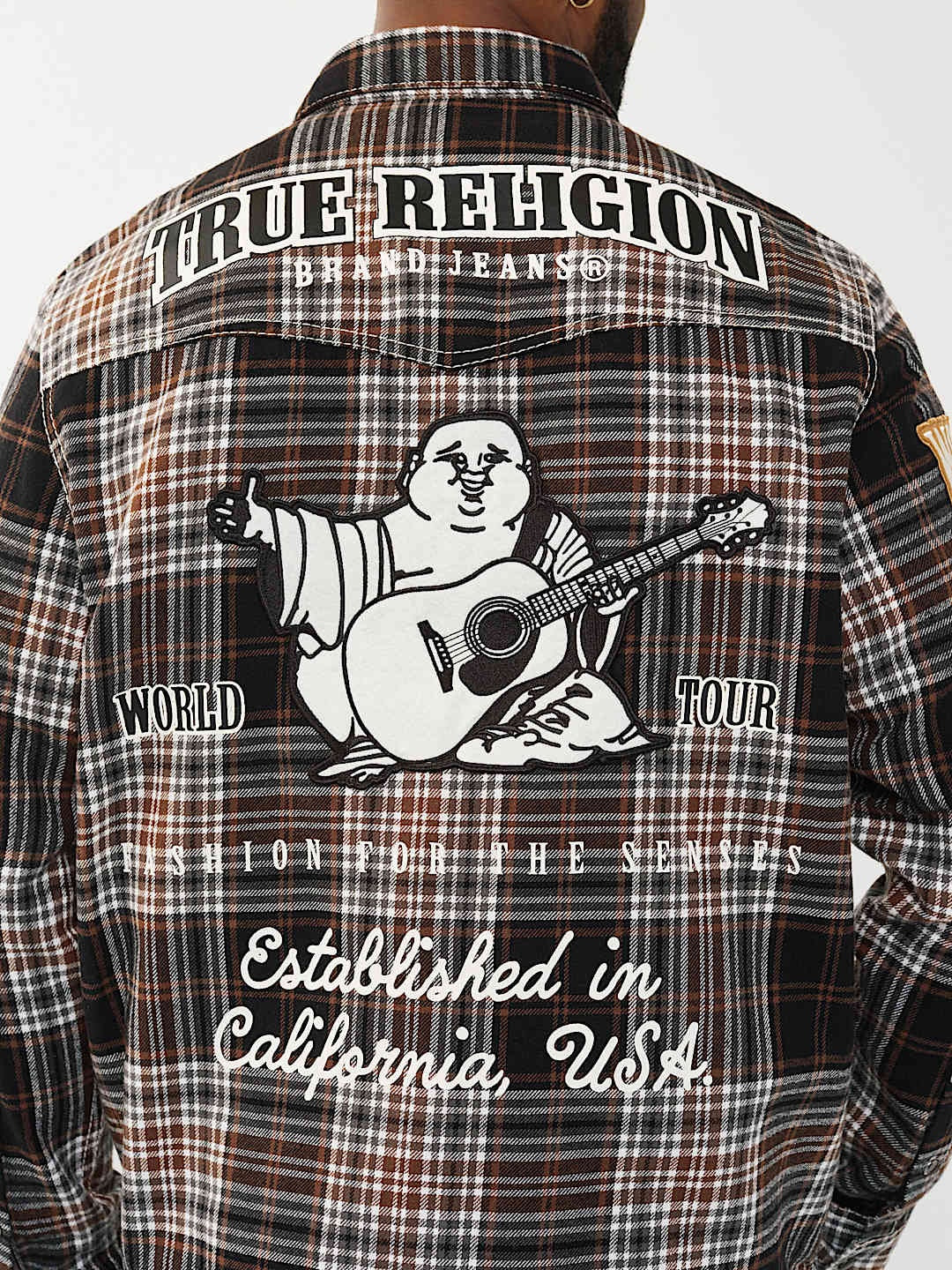TRUE RELIGION SHIRT PLAID BIG T WESTERN BROWN-BLACK-WHITE