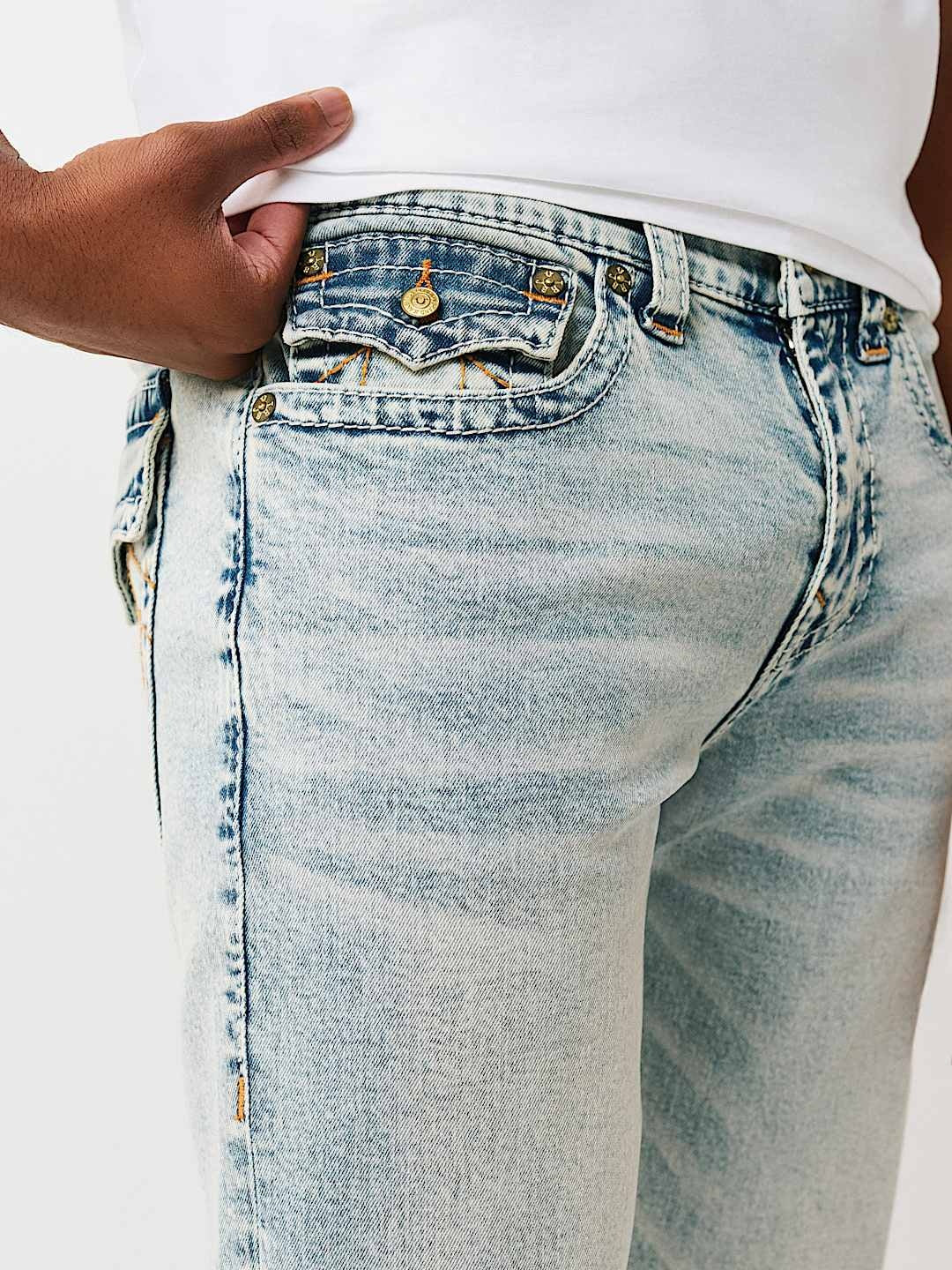 TRUE RELIGION JEANS RICKY BIG T FLAP 34IN PLAYMAKER FADED INDIGO LT WASH