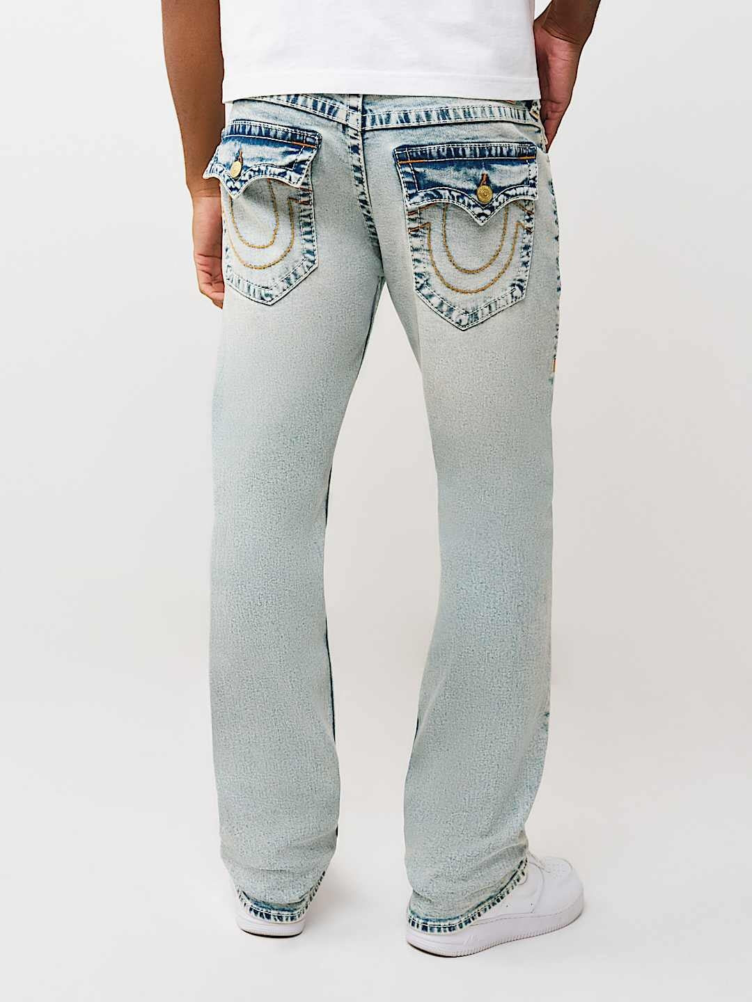 TRUE RELIGION JEANS RICKY BIG T FLAP 34IN PLAYMAKER FADED INDIGO LT WASH
