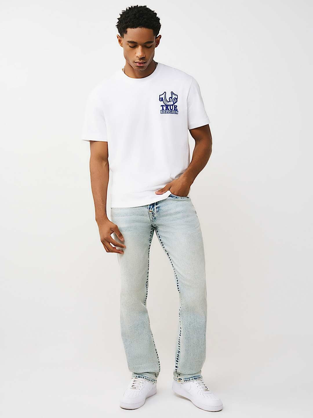 TRUE RELIGION JEANS RICKY BIG T FLAP 34IN PLAYMAKER FADED INDIGO LT WASH