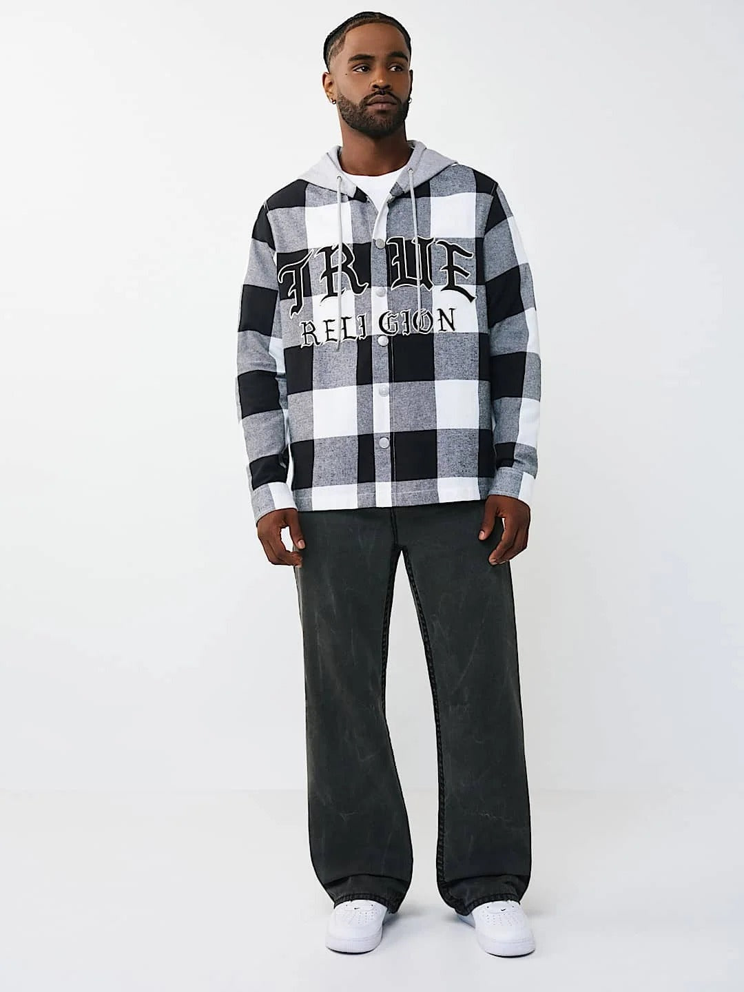TRUE RELIGION SHIRT HOODED FLANNEL BLACK-WHITE