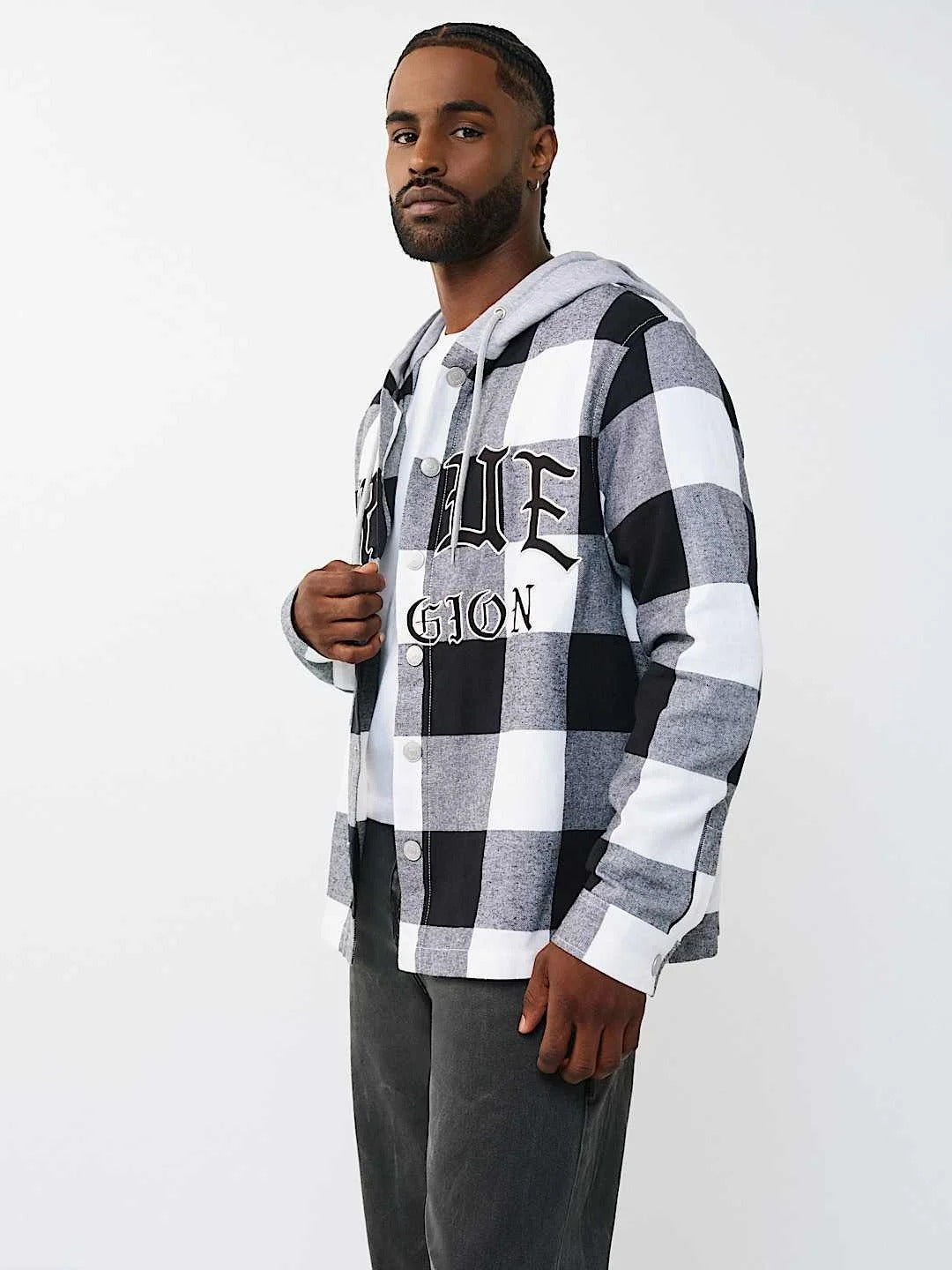 TRUE RELIGION SHIRT HOODED FLANNEL BLACK-WHITE